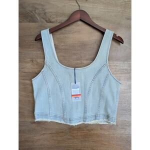 NWT Aviator Nation Crop Top Womens XL Blue Denim Wide Strap Frayed Hem Full Zip